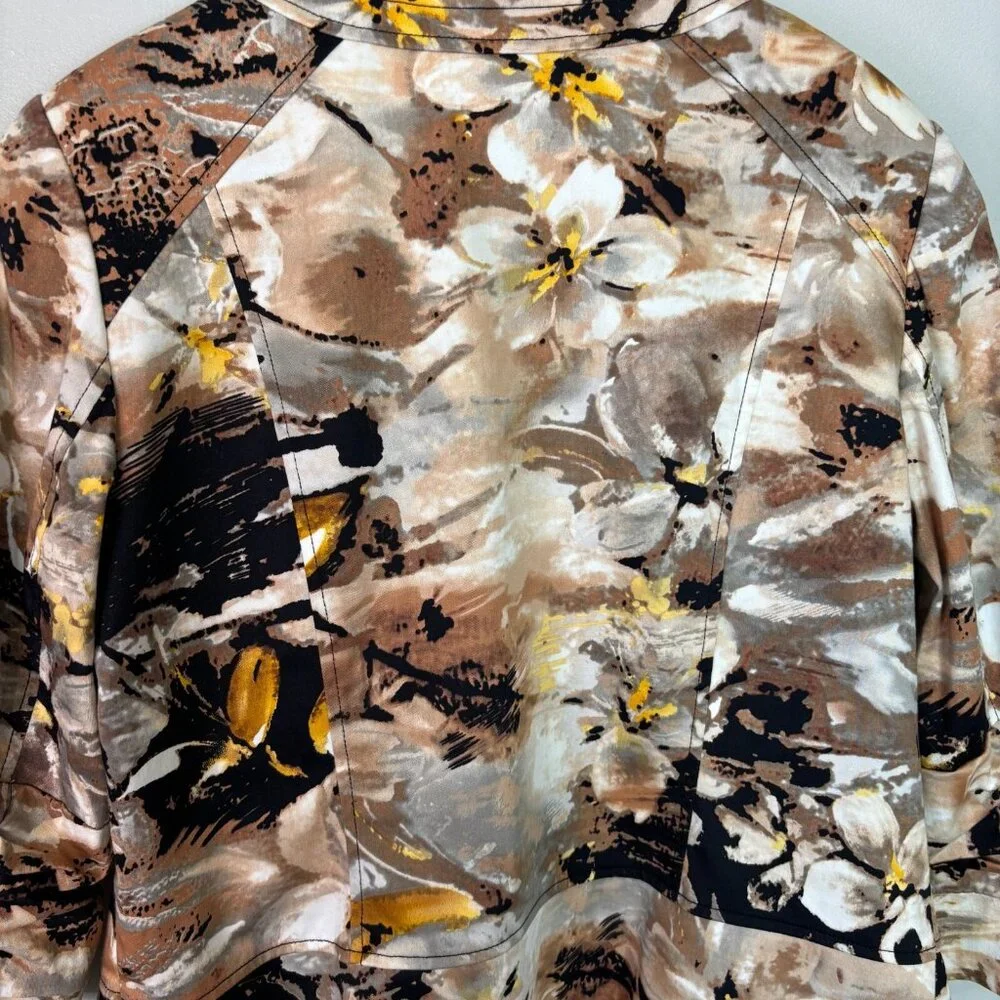 Coldwater Creek Jacket 16 Brown Yellow Floral Full-Zip 3/4 Sleeves Cotton Womens
